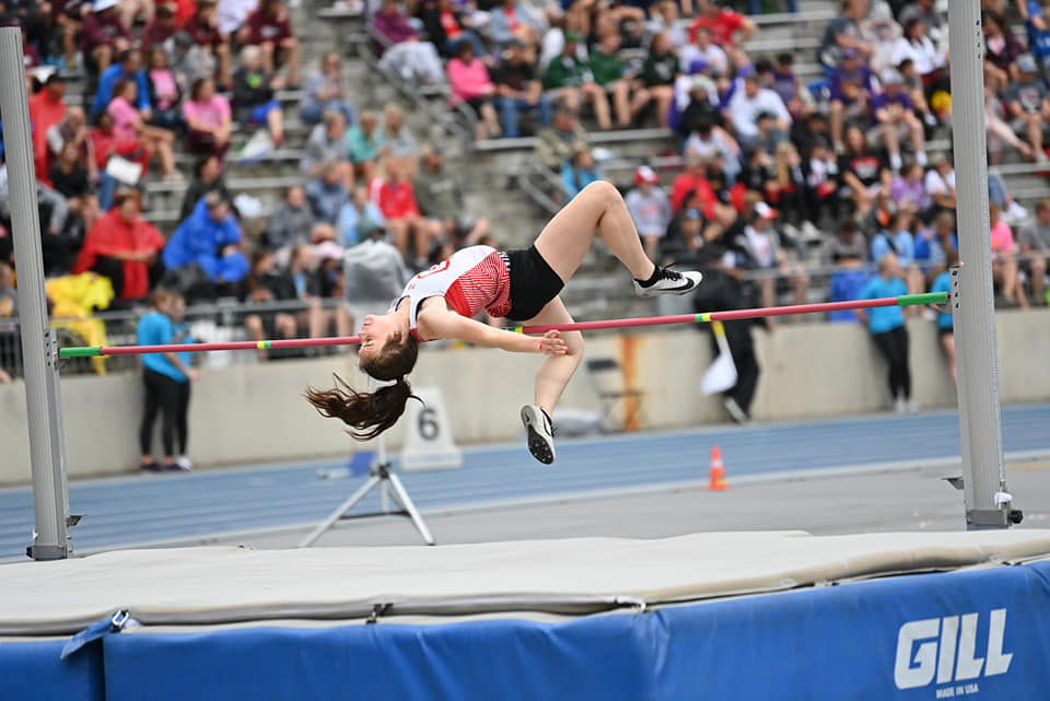 RIver Hamaker high jumping at the state tournament. 