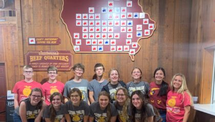 Central Trail FFA members pose at the Iowa State Fair Cattleman's Quarters