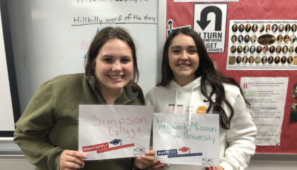 Cadence Clark '22 and Mara Dykes '22 shared their school choices for #WhyApply Day. Clark has chosen Simpson College and Dykes has chosen Northwest Missouri State University.