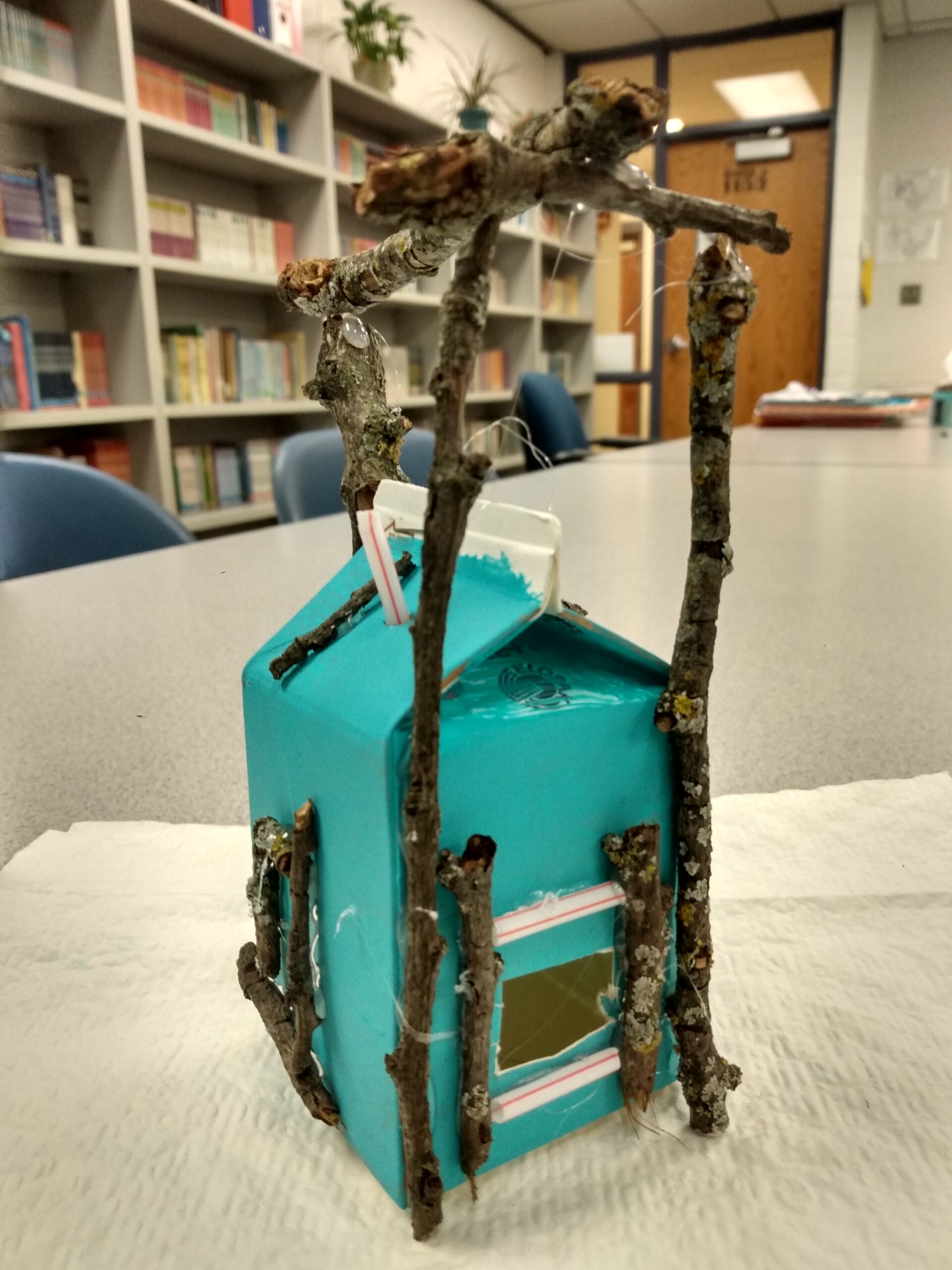 a used milk carton becomes an insect home with the help of sticks, straws and paint